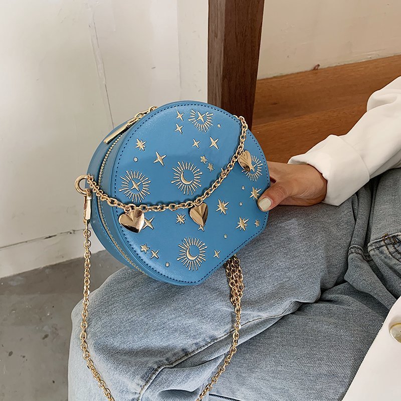 Embroidery Round Leather Design Women Luxury Purses and Handbags Crossbody Chain Bag Ladies Party Clutch Bag Totes Shoulder Bag