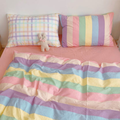 Kawaii Fashion Rainbow Bedding Set 100% Cotton Flat Bed Sheet And Pillowcases Luxury Korean Style Princess Full Queen Bed Sets