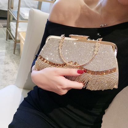 Women&#39;s Wedding Clutch Bag Luxury Rhinestone Tassel Handbag Banquet Gold Evening Bag Party Purse Chain Shoulder Bag ZD1776