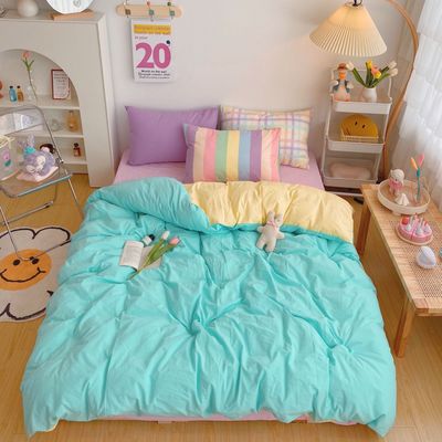 Kawaii Fashion Rainbow Bedding Set 100% Cotton Flat Bed Sheet And Pillowcases Luxury Korean Style Princess Full Queen Bed Sets