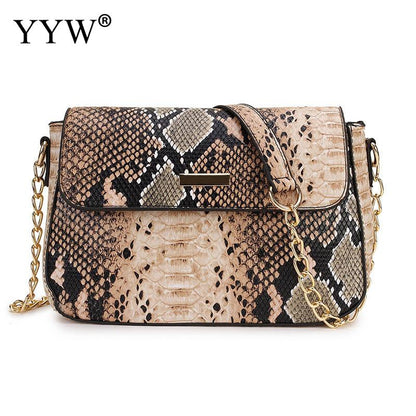 Female Pu Leather Chain Crossbody Bags New Fashion Small Snake Print Flap Shoulder Bag For Women Girls Square Messenger Bag