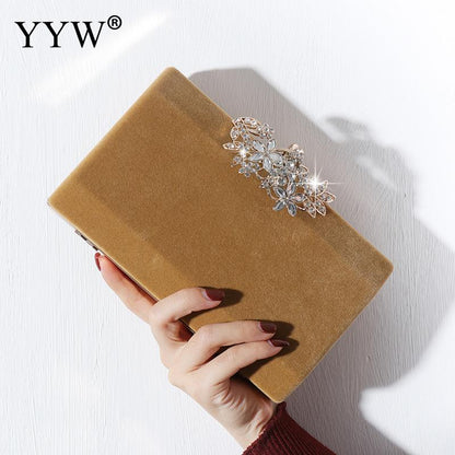 European fashion Noble Lady Rhinestone Evening Clutch Tote Bag Burgundy Black Gold Solid Women Shoulder Chain Suede Surface