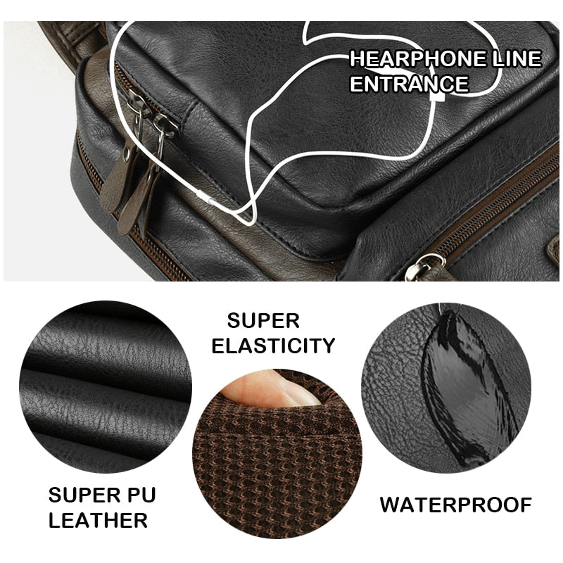 Scione Men Leather Backpacks Waterproof Chest Crossbody Bags Fashion Outdoor Business Casual Bag With Earphone Hole