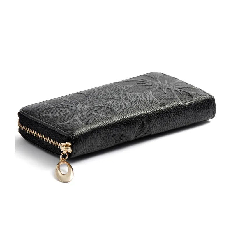 Female Purse Genuine Leather Women Wallet New Fashion Style best Zip Flower pattern Lady Long Wallet black Purse Handy Handbag