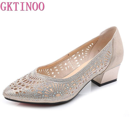 GKTINOO 2023 New Summer Fashion Pumps Cut-outs Women Crystal Casual Ladies Shoes High Heels Tenis Feminino Genuine Leather