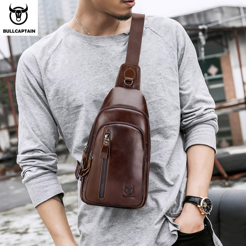 BULLCAPTAIN men&#39;s Genuine leather Casual Crossbody Bags Leather Chest Bag for men Fashion excursion bag&#39;s Can hold 7.9 inch iPai