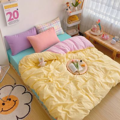 Kawaii Fashion Rainbow Bedding Set 100% Cotton Flat Bed Sheet And Pillowcases Luxury Korean Style Princess Full Queen Bed Sets