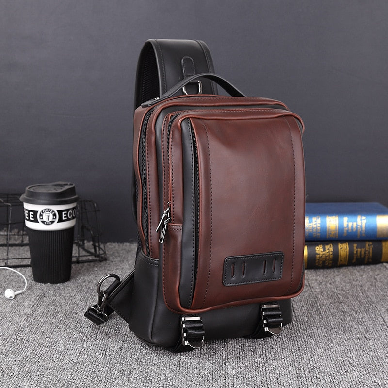Scione Men Leather Backpacks Waterproof Chest Crossbody Bags Fashion Outdoor Business Casual Bag With Earphone Hole