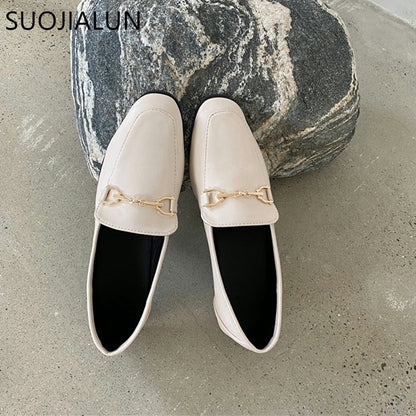 SUOJIALUN 2021 Spring Women Slip On Loafer Autumn Fashion British Metal Buckle Flat Shoes Round Toe Green Casual Ballerina