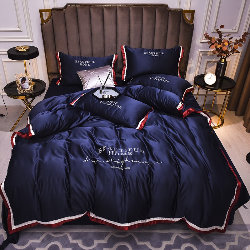 Luxury Bedding Sets Pink Grey White Rayon Embroidery Sheet Quilt Pillowcase Comfortable Soft Fluffy Bedding King Queen 4pcs