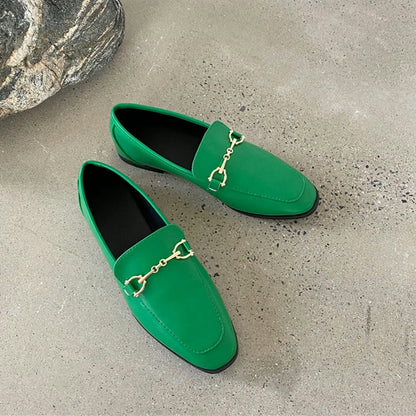 SUOJIALUN 2021 Spring Women Slip On Loafer Autumn Fashion British Metal Buckle Flat Shoes Round Toe Green Casual Ballerina