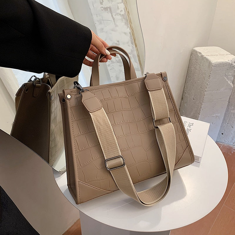 Stone Pattern PU Leather women handbag Large capacity Wide strap female Shoulder Bag 2022 New Brand Designer ladies Hand Bag