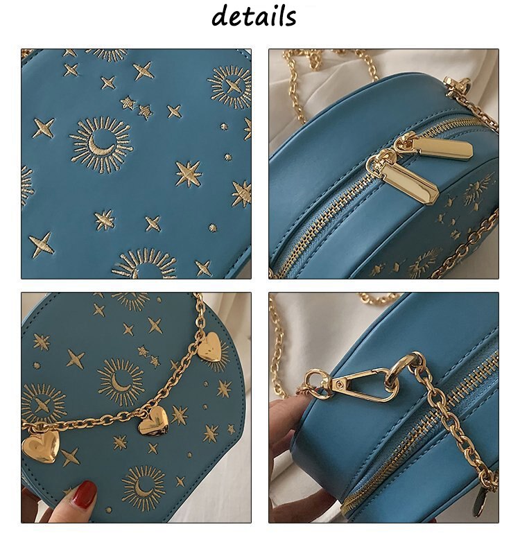 Embroidery Round Leather Design Women Luxury Purses and Handbags Crossbody Chain Bag Ladies Party Clutch Bag Totes Shoulder Bag