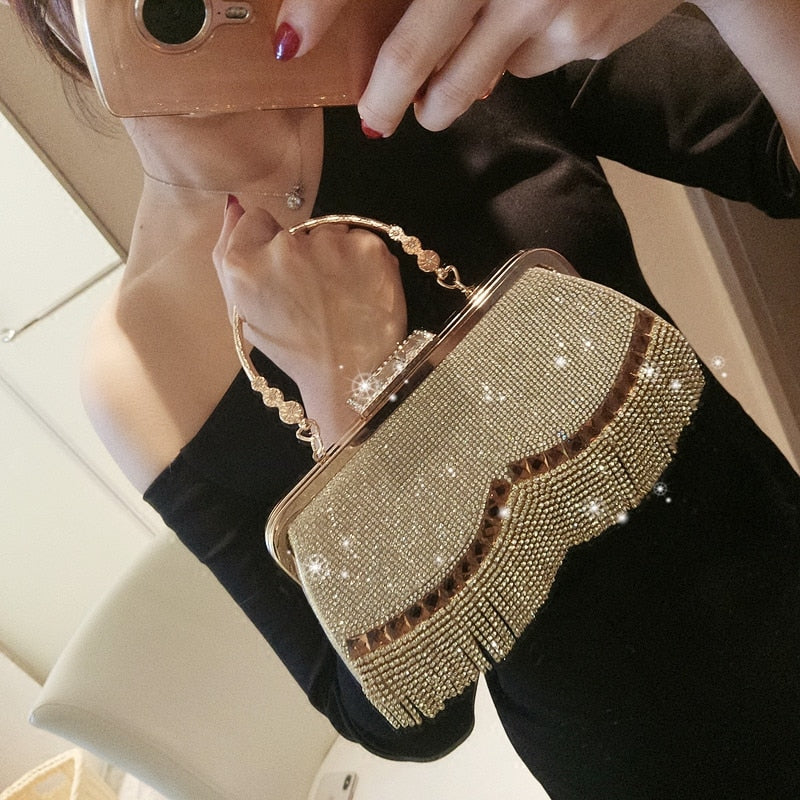 Women&#39;s Wedding Clutch Bag Luxury Rhinestone Tassel Handbag Banquet Gold Evening Bag Party Purse Chain Shoulder Bag ZD1776