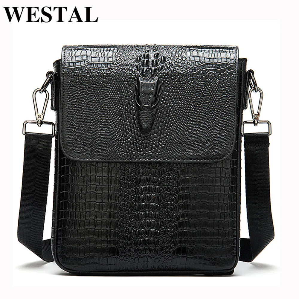 WESTAL Men&#39;s Shoulder Bag for Men Genuine Leather Crocodile Pattern Vintage Crossbody Bag for Men Flap Zipper Messenger Bag 8857