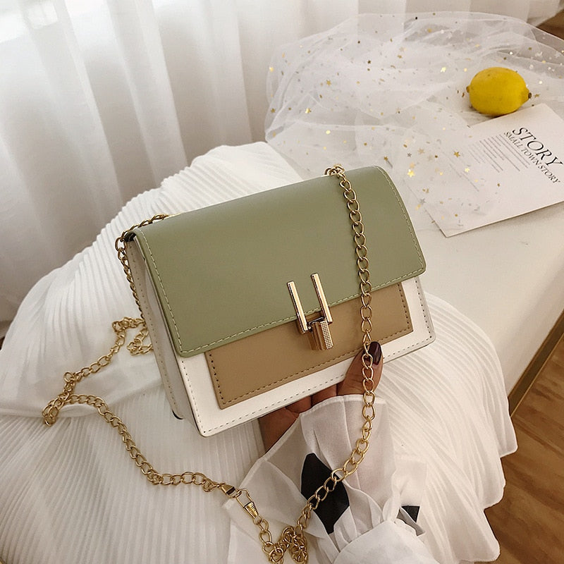 2023 Fashion Small Women Bags All-match Chain Shoulder Bag Ladies Hit Color Stitching Bag Messenger Bag PU Mini Square Bag Purse