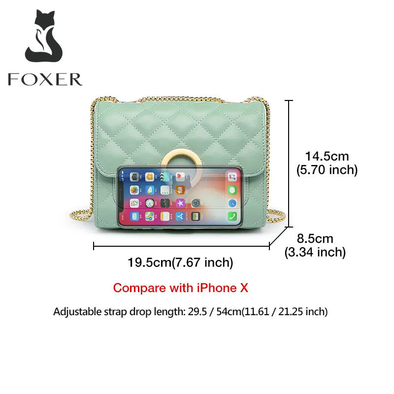 FOXER Women Split Leather Chain Shoulder Bag Fashion Lady Casual Crossbody Bag Brand Classical Small Messenger Flip Bag for Girl