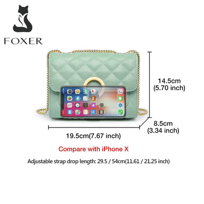 FOXER Women Split Leather Chain Shoulder Bag Fashion Lady Casual Crossbody Bag Brand Classical Small Messenger Flip Bag for Girl