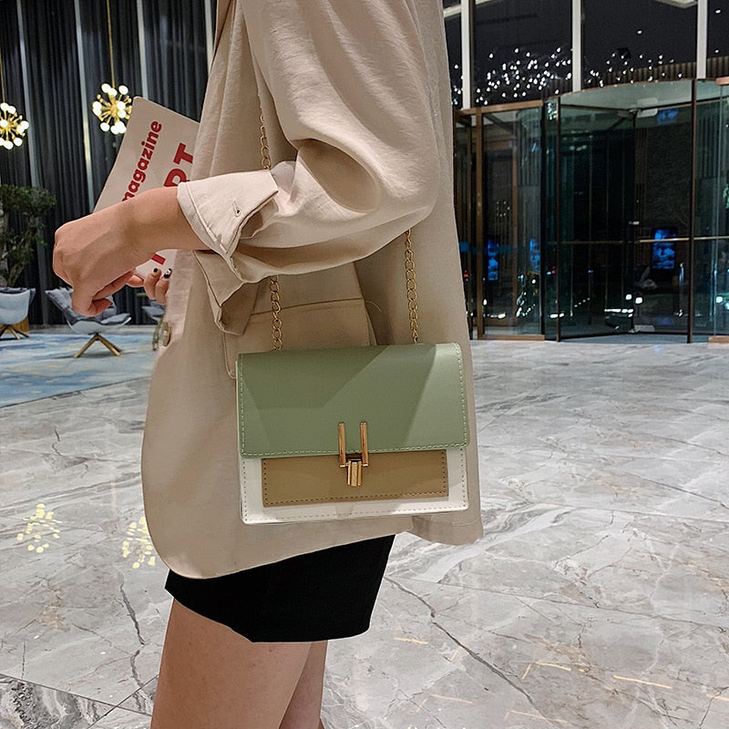 2023 Fashion Small Women Bags All-match Chain Shoulder Bag Ladies Hit Color Stitching Bag Messenger Bag PU Mini Square Bag Purse