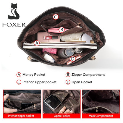 FOXER Brand Women Purse Split Leather Handbag Female Shoulder Bag Designer Luxury Lady Tote Large Capacity Zipper Top Handle Bag