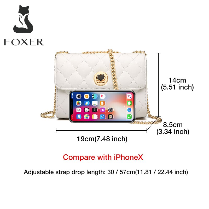 FOXER Women Split Leather Chain Shoulder Bag Fashion Lady Casual Crossbody Bag Brand Classical Small Messenger Flip Bag for Girl