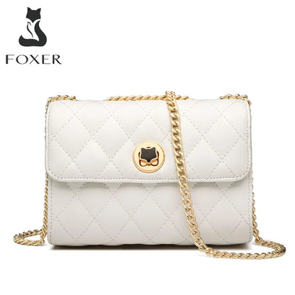 FOXER Women Split Leather Chain Shoulder Bag Fashion Lady Casual Crossbody Bag Brand Classical Small Messenger Flip Bag for Girl