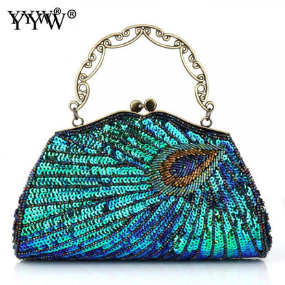 Vintage Peacock Style Women Sequin Evening Clutch Bag Chain Shoulder Bag Bolsas Mujer For Banquet Wedding Party New Arrival