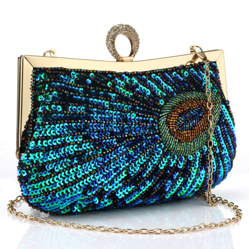 Vintage Peacock Style Women Sequin Evening Clutch Bag Chain Shoulder Bag Bolsas Mujer For Banquet Wedding Party New Arrival