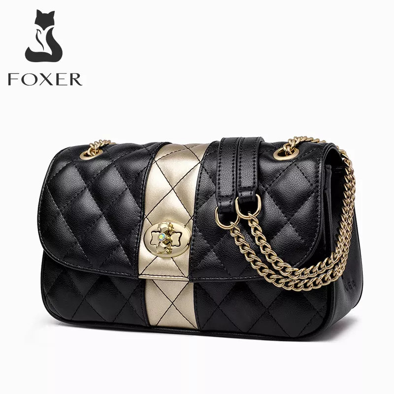 FOXER Women Crossbody Shoulder Bag Diamond Lattice Handbag Lady Purse Split Leather Chain Strap Messenger Bag Valentine Day Gift