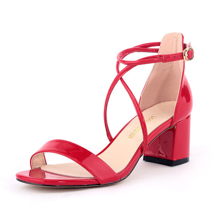 New Big Size Patent Leather Sandals Women Thick High Heels Summer Wedding Ankle Strap Female  White Blue Red Green Shoes F0182