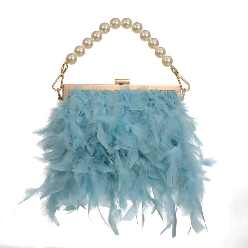 Luxy Moon Feather Handbag Women&#39;s Evening Clutch Bag White Pearl Chain Shoulder Bag Luxury Women Bags Design Party Purse ZD1647