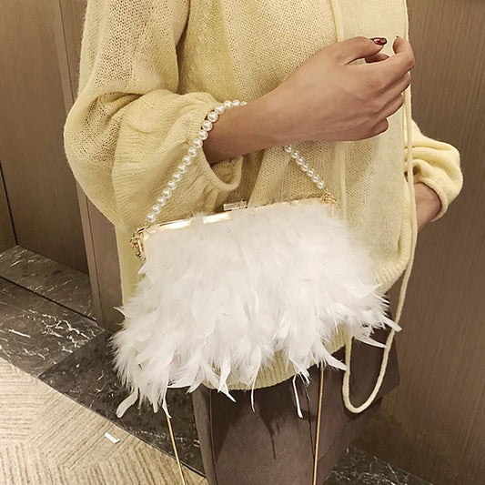 White Feather Handbag Women&#39;s Evening Clutch Bag Exquisite Pearl Chain Wedding Bridal Shoulder Bag Party Banquet Tote ZD1542