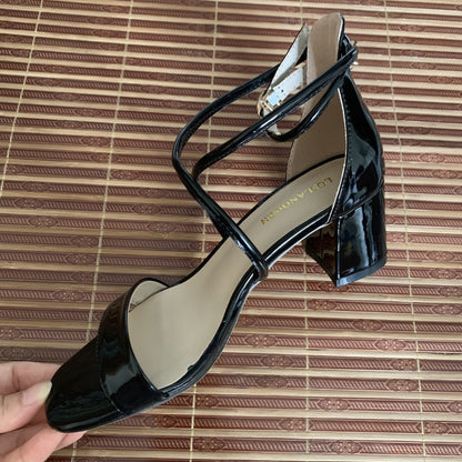 New Big Size Patent Leather Sandals Women Thick High Heels Summer Wedding Ankle Strap Female  White Blue Red Green Shoes F0182