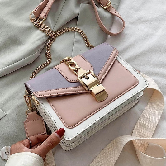 Fashion chain lady Sling bag Panelled color PU Leather Crossbody Bag For Women 2023 new Wide strap Shoulder Messenger Bag Ladies