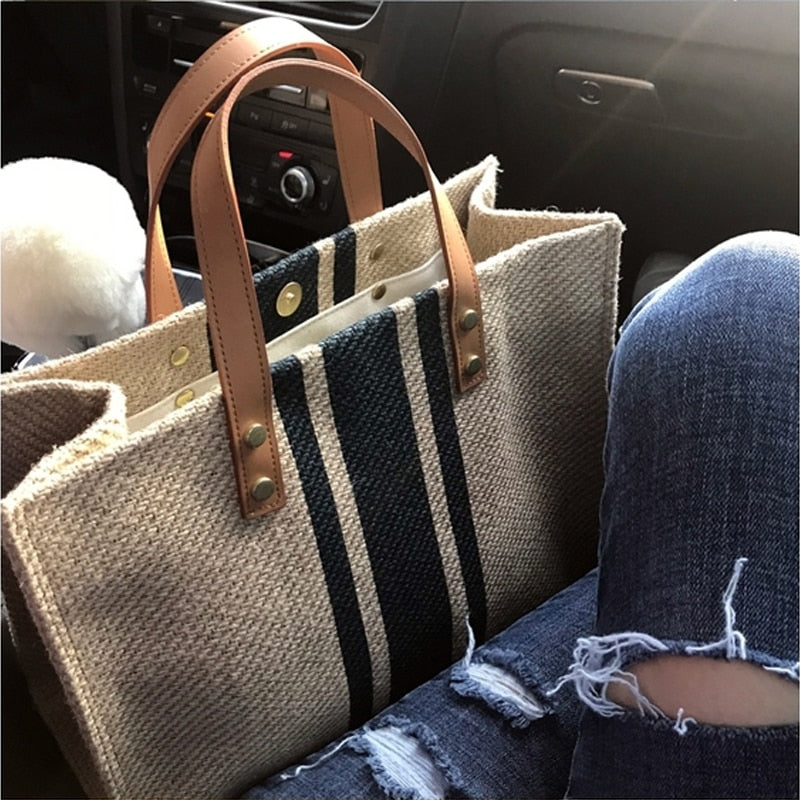 Simple Fashion Large-capacity Handbag For Ladies Vintage Striped Tote For Female Portable Ol Business Briefcase Korean Style
