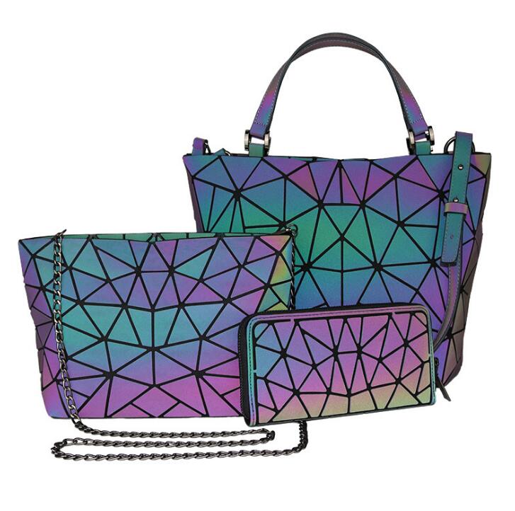 Fashion 1set Luminous bag Women Geometric Shoulder Bags Hologram Tote Quilted Folding Handbags geometry bag Large capacity Purse