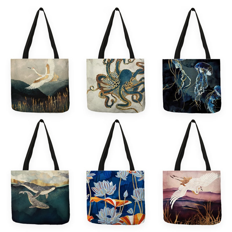 Japanese Ukiyoe Design Causal Women Handbag Crane Designer Tote Bag Eco Reusable Shoulder Shopping Bags For Groceries B13039