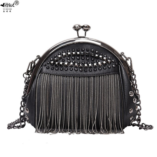 Fringe Designer Insert Rivet Vintage Fashion PU Leather Chain Women Shoulder Crossbody Bag Shell Bags Women's Handbags Purses