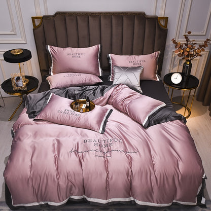 Luxury Bedding Sets Pink Grey White Rayon Embroidery Sheet Quilt Pillowcase Comfortable Soft Fluffy Bedding King Queen 4pcs