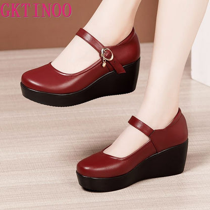 GKTINOO 2022 Spring Leather Shoes Women Platform Wedges Shoe High Heels Round Toe Soft Sole White Women Pumps Large Size 33-43