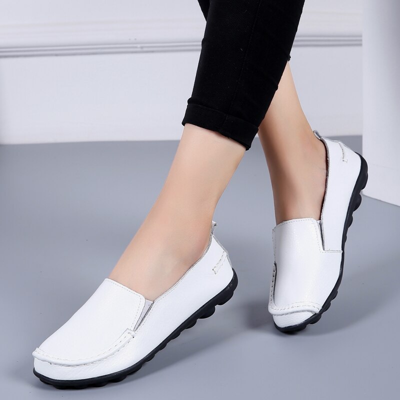 2020 Spring Summer Women&#39;s Flats Plus Size Leather Women Loafers Shoes White Soft Slip-on Moccasins Ladies Casual Shoes VT998