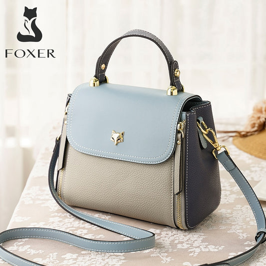 FOXER Brand Split Leather Women&#39;s Shoulder Bag Lady Adjustable Shoulder Strap Crossbody Bag Handbag Contrast Color Messenger Bag