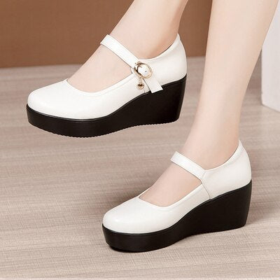 GKTINOO 2022 Spring Leather Shoes Women Platform Wedges Shoe High Heels Round Toe Soft Sole White Women Pumps Large Size 33-43