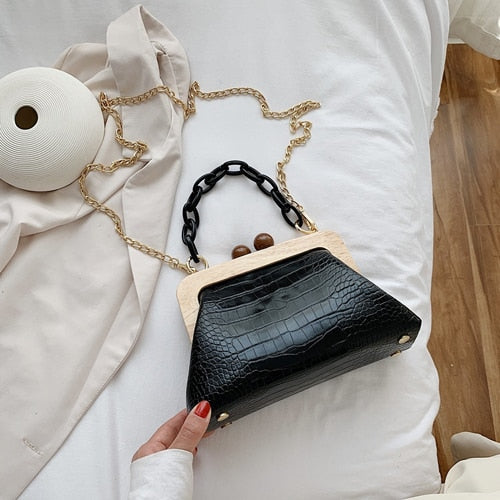 Vintage Wooden Tote Bag Women Chain Crossbody Bags Designer Alligator Pattern Shoulder Bag Luxury Handbgas Female Clutch Bag