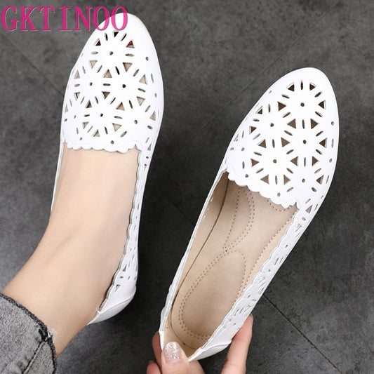 GKTINOO 2022 Women Flat Shoes Genuine Leather Woman Ballet Pointed Toe Flats Summer Lady Hollow Out Loafers Women Shoes Sandals