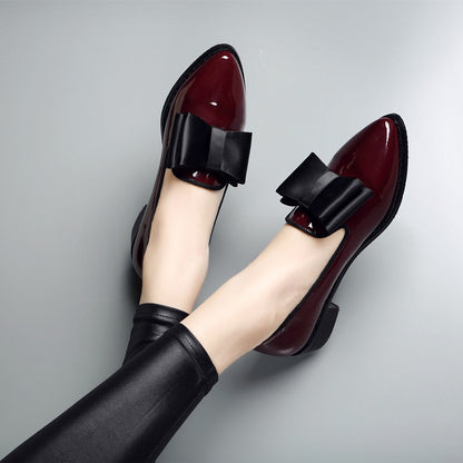 Spring Flats Women Shoes Bowtie Loafers Patent Leather Women&#39;s Low Heels Slip On Footwear Female Pointed Toe Thick Heel