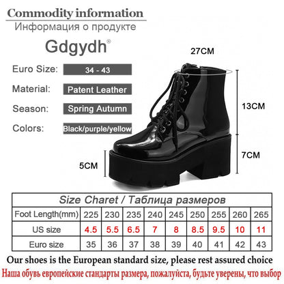 Gdgydh Punk Style Platform Heel Womens Ankle Boots Chunky Motorcycle Boots For Women Patent Leather Purple Yellow Shoes Big Size