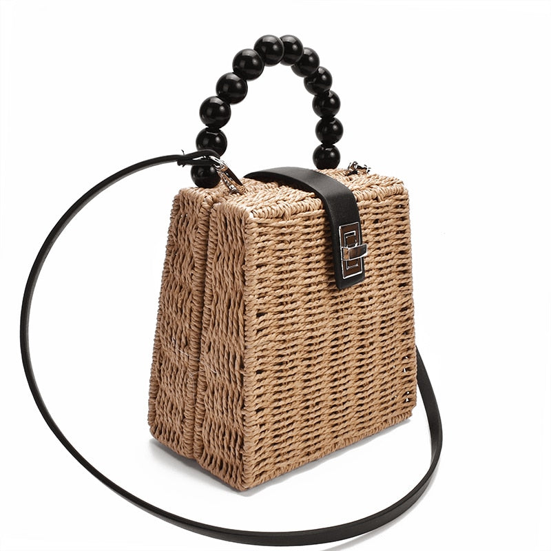 New female straw bag women Crossbody bag paper rope bead handle handbag Box Shoulder Bag Beach Holiday Bags