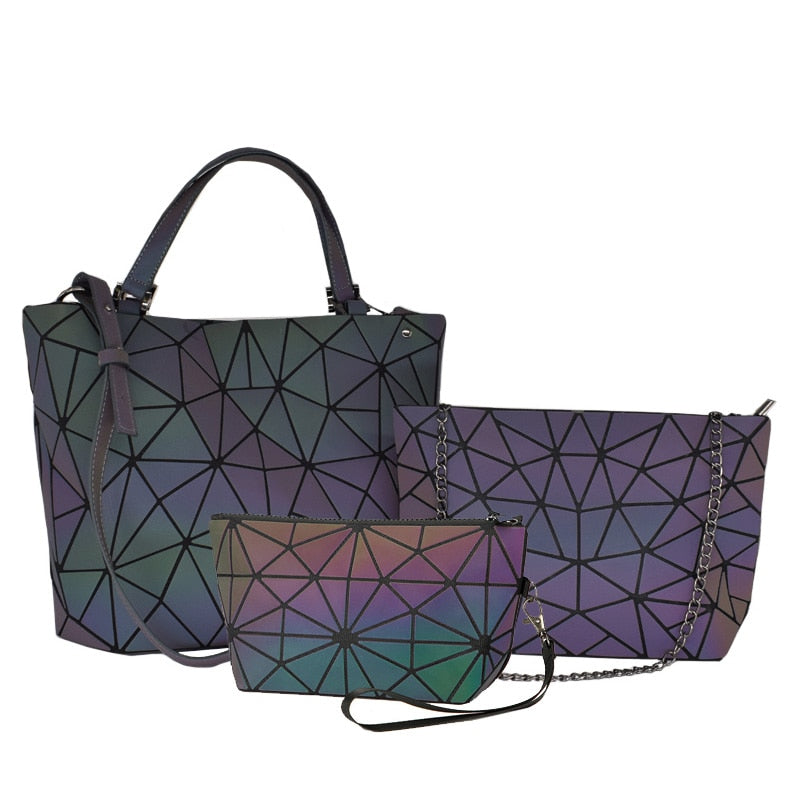 Women Handbags 3 Pcs Bag Set Crossbody Bags For Women Geometric Luminous Shoulder Bag Female Purse And Handbag Tote Holographic