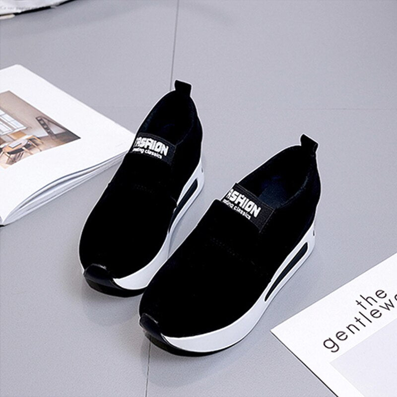 Casual Platform Ladies Sport  Sneakers Women&#39;s Shoes Fashion Casual Flock Slip-On Thick Sewing Wedges Shoes Chaussures Femme